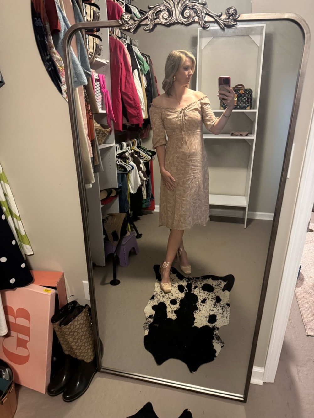 Sincerely Jules Pale Beige Lace Midi Dress with Short Sleeves